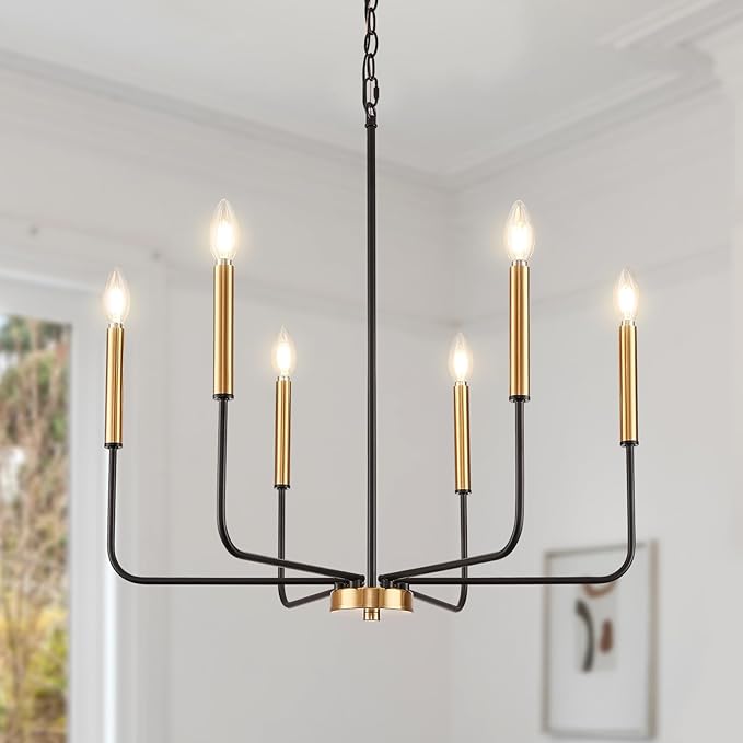 Black and Gold Chandelier, Modern Farmhouse Dining Room Light Fixture 6-Light Chandelier with Chain, Metal Hanging Lighting Fixtures Candle Dining Lights for Kitchen, Living Room, Bedroom,Foyer