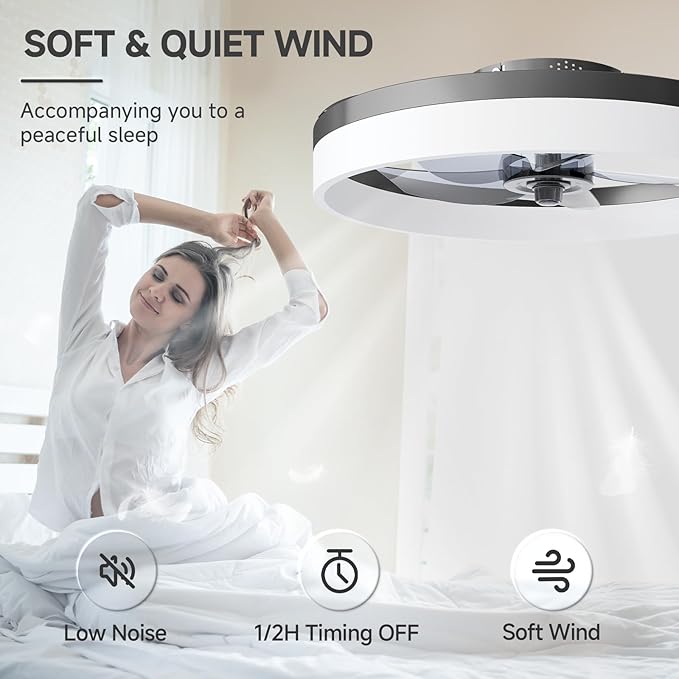 VOLISUN Low Profile Ceiling Fans with Lights and Remote, 19.7in Fandelier Ceiling Fan with Light, 3000K-6500K Dimmable Bladeless LED Fan Light, Black Flush Mount Ceiling Fans with Lights for Bedroom