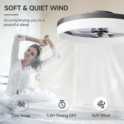 VOLISUN Low Profile Ceiling Fans with Lights and Remote, 19.7in Fandelier Ceiling Fan with Light, 3000K-6500K Dimmable Bladeless LED Fan Light, Black Flush Mount Ceiling Fans with Lights for Bedroom