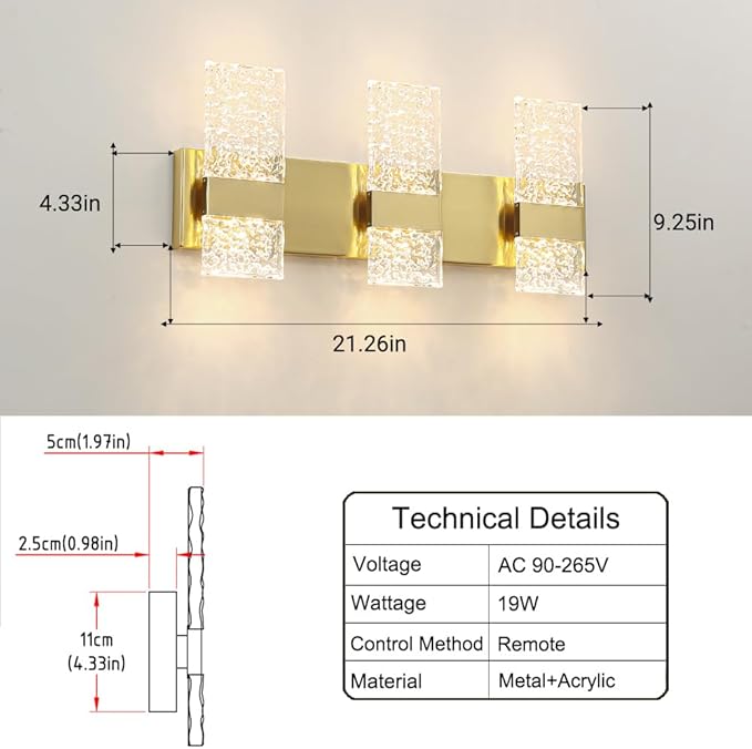 Modern Polished Gold 3 Light Bathroom Vanity Light, Eleglant LED Bathroom Light Fixtures Over Mirror, Hardwired Acrylic Shade Wall Lighting Fixtures, Dimmable, 3CCT(3000/4000/5000K)