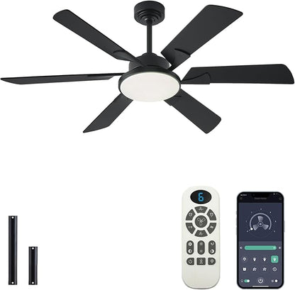 JSAITEE 52 Inch Low Profile Ceiling Fan with Lights, Remote & APP Control, 3CCT Dimmable, 6 Blades 6 Speed Ceiling Fans, Quiet Reversible DC Motor, Modern Black Ceiling Fan for Bedroom Living Room