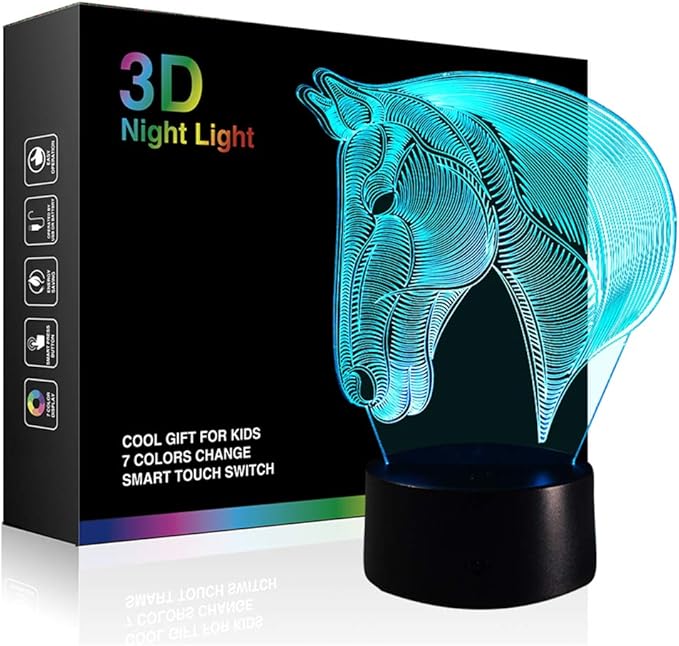 Ticent 3D Lamp Illusion Animal Horse LED Desk Table Night Light, 7 Color Touch Lamp for Kiddie Kids Children Holiday Gift Home Office Childrenroom Theme Decoration