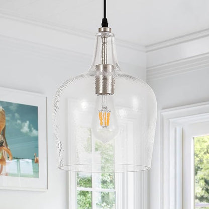 Large Hammered Glass Pendant Light Modern Brushed Nicklel 1 Light Single Dome Pendant Lighting Fixtures for Kitchen Island Dining Room Hallway, Dia 10 Inch, UL Listed