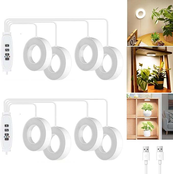 Banax 2 Pack LED Grow Light for Indoor Plants 144 LEDs, Four-Head Ring Design, 5V/2A 10 Brightness Levels, 3/9/12H Timer, Ideal for Herbs, Succulents & Seedlings（White）
