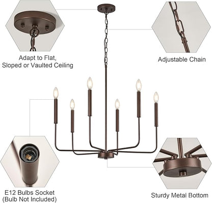 Modern Oil-Rubbed Bronze Chandelier for Dining Room, Metal 6-Light Kitchen Light Fixtures, Farmhouse Candle Hanging Pendant Light for Living Room Entryway Foyer Bedroom (Bulbs Not Included)