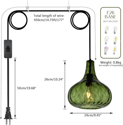 Vintage Plug in Pendant Light Fixture - Hammered Dark Green Glass Shade,Mid-Century Modern Plug in Hanging Pendant Lamp with 14.7 ft Cord for Living Room Corner Room Bedroom Farmhouse