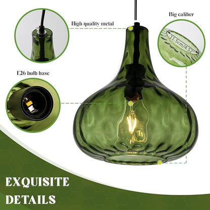 Vintage Pendant Lights Green Glass Hanging Lights Mid-Century Modern Pendant Light Fixtures Black Finish 9.45″ Globe Hammered Shade Adjustable Pendant Lighting Kitchen Sink Farmhouse