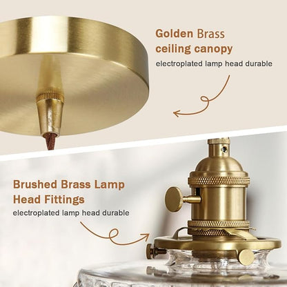 Glass Hanging Lights Kitchen Island Brushed Gold Ceiling Pendant Light Clear Round Light Fixture Striped Glass Shade Vintage Modern Pendant Lighting Chandelier Farmhouse Dining Room