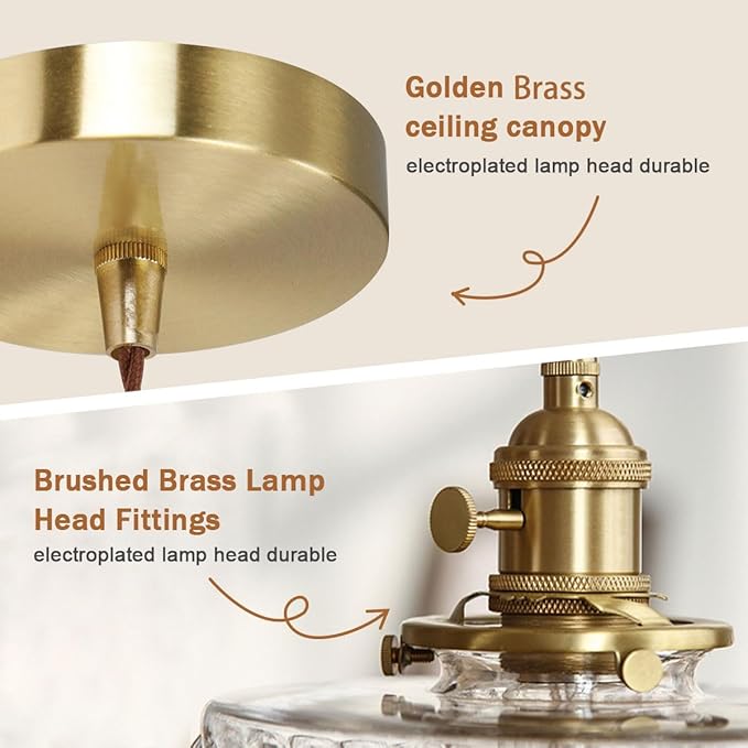 Glass Hanging Lights One-Light Vintage Pendant Light Fixtures Clear Striped Glass Shade Mid Century Modern Pendant Light Gold Brass Light Fixture Adjustable Cord for Dining Room Hallway