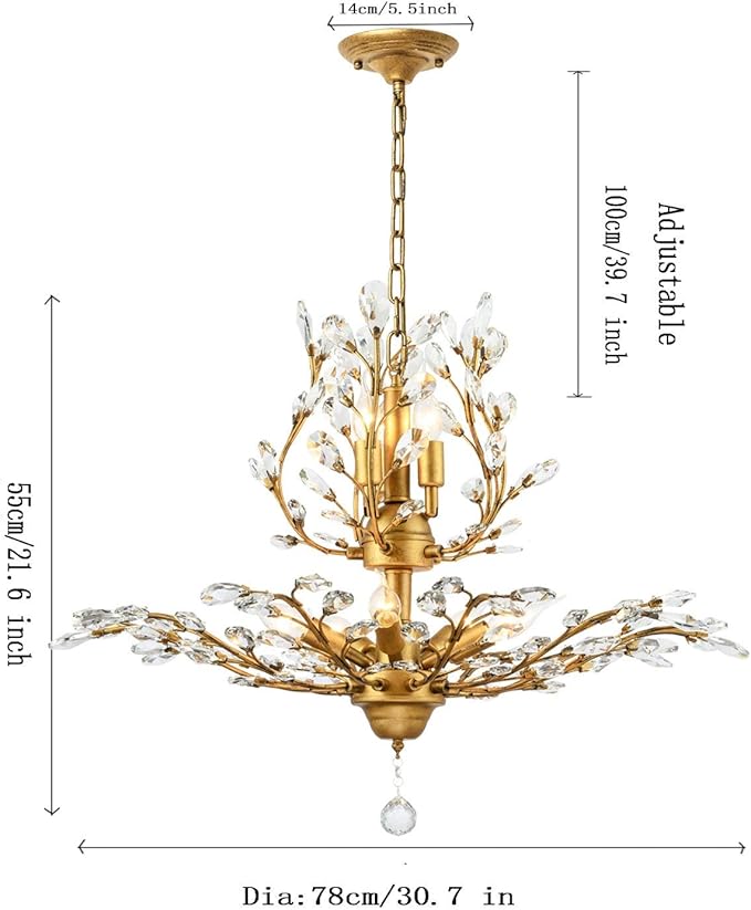 Garwarm 8-Light Vintage K9 Crystal Chandeliers Ceiling Lights LED Light Crystal Pendant Lighting Ceiling Light Fixtures Chandeliers Lighting for Living Room Bedroom Restaurant Porch (Gold)