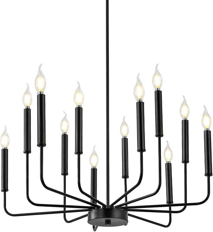 WOKNOS Modern Black Farmhouse Chandeliers, 12-Light Industrial Metal Chandelier Lighting, Classic Candle Hanging Pendant Light Fixtures for Living Room, Dining Room, Kitchen, Bedroom, Entryway