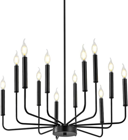WOKNOS Modern Black Farmhouse Chandeliers, 12-Light Industrial Metal Chandelier Lighting, Classic Candle Hanging Pendant Light Fixtures for Living Room, Dining Room, Kitchen, Bedroom, Entryway