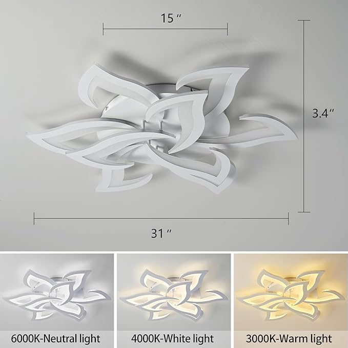 31" White Modern Geometric Dimmable Ceiling Light Fixture, 9 Leaves Low Profile Flush Mount Ceiling Light for Kitchen, Bedroom, Living Room