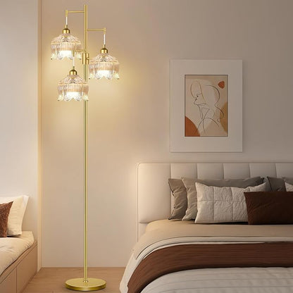 Dimmable Floor Lamps for Living Room Bedroom-3 Light Gold Floor Lamp with Glass Lampshape, Flower Tall Lamp Mid Century Modern Standing Lamp Glass Tree Floor Lamps for Living Room Bedroom,Corner
