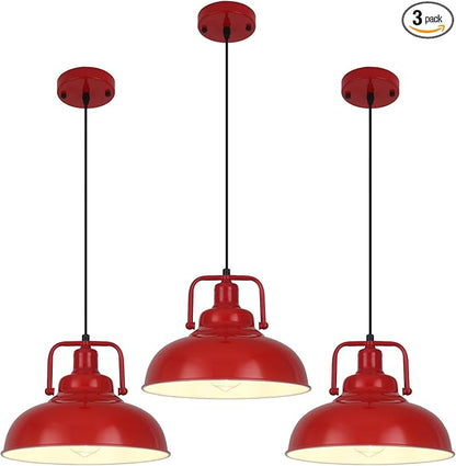 Red Farmhouse Pendant Light, 11.5in Pendant Light Kitchen Island, Adjustable Height, Industrial Pendant Lights, Metal Vintage Pendant Lighting for Kitchen, Dining Room, Barn, Hallway, 3 Pack