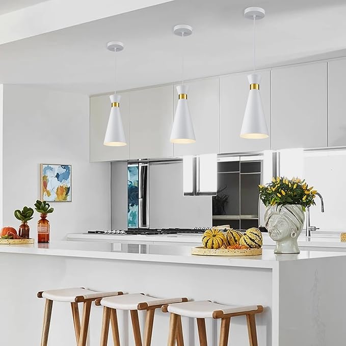 2026 New White & Brass Gold Pendant Lights Kitchen Island 3 Pack, 5.9"D x 13"H Cone Shape, Mid Century Modern Pendant Light Fixtures, Island Lights Kitchen Pendant Lighting over Sink Dining Room