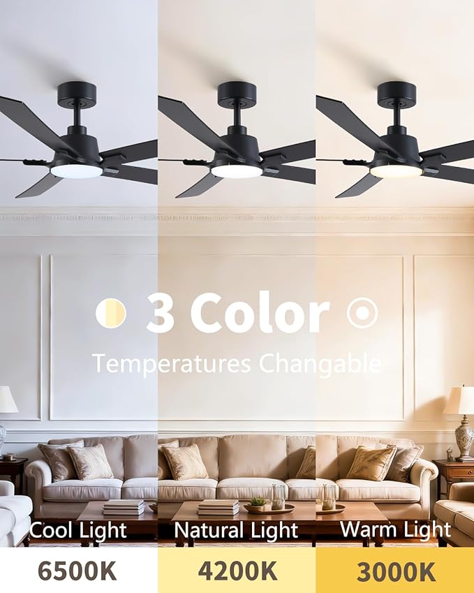 60 Inch Ceiling Fans with Lights and Remote, Black Ceiling Fan, Downrod Style with 5 Blades, Modern Design For Indoor Bedroom Living Room/Outdoor, 6 Speed Reversible DC Motor, 3CCT Dimmable LED