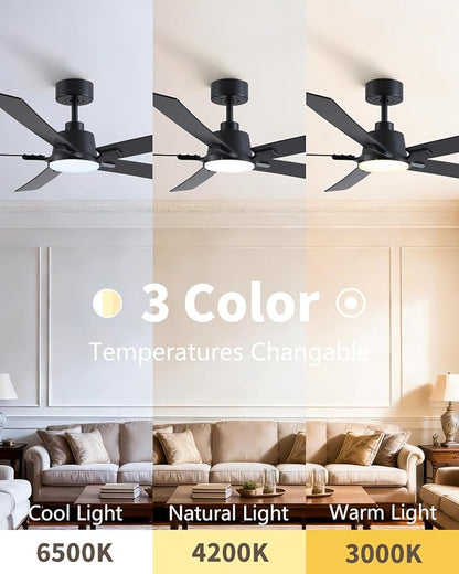60 Inch Ceiling Fans with Lights and Remote, Black Ceiling Fan, Downrod Style with 5 Blades, Modern Design For Indoor Bedroom Living Room/Outdoor, 6 Speed Reversible DC Motor, 3CCT Dimmable LED