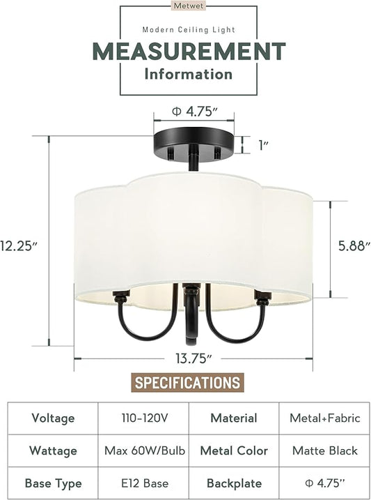 4-Light Semi Flush Mount Ceiling Light, 13.5" Vintage Light Fixtures Ceiling Mount with Fabric Shade in Quatrefoil for Kitchen Entryway Hallway Bedroom, Matte Black, SM179-MB