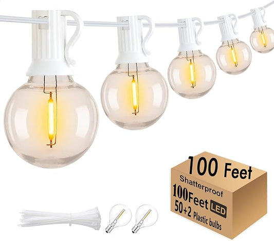 G40 LED Outdoor String Lights White 100FT Patio Lights with 52 Shatterproof Edison Bulb, White String Lights Waterproof Outside for Wedding,Proposal,Party,Anniversary