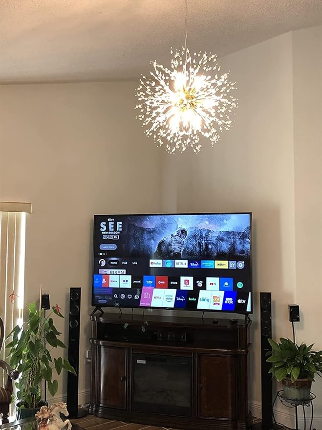Yiisem Gold Crystal Chandeliers, 9-Light Modern Dandelion Firework Pendant Lighting, G9 Hanging Chandelier Light Fixtures for Dining Room Bedroom Hallway Kitchen Aisle