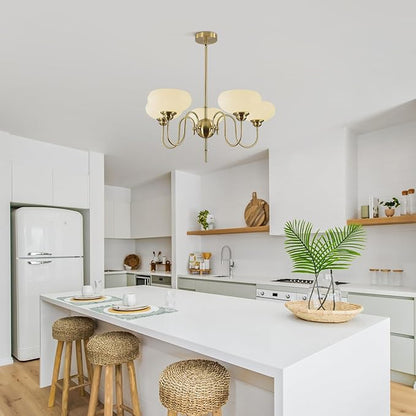 BOKT Modern Chandelier for Living Room, Mid Century Gold Chandelier for Dining Room, Vintage Milk Glass Globe Chandeliers for Different Ceilings