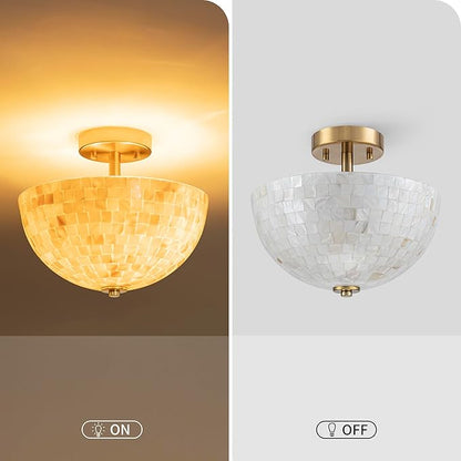 D12inch Bowl Capiz Shell Ceiling Light, 2-Light Coastal Style Light Fixture for Dining Room, Living Room & Bedroom, D12 x H14 inch, Shell Lampshade & Brass Finish Frame