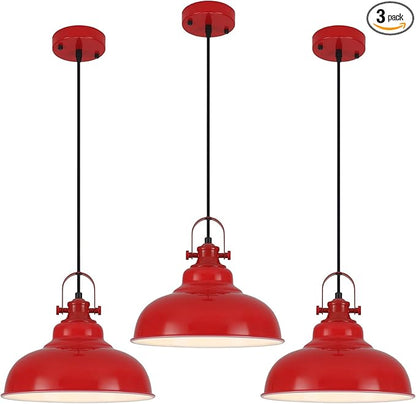Red Dome Pendant Light, Red Pendant Light Kitchen Island 3 Pack, 11.41 Inch Farmhouse Pendant Lights, Hanging Light Fixture for Kitchen Island, Dining Room, Living Room