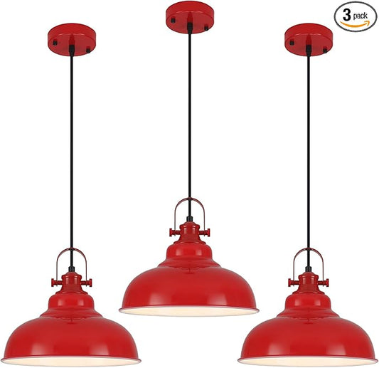 Red Dome Pendant Light, Red Pendant Light Kitchen Island 3 Pack, 11.41 Inch Farmhouse Pendant Lights, Hanging Light Fixture for Kitchen Island, Dining Room, Living Room