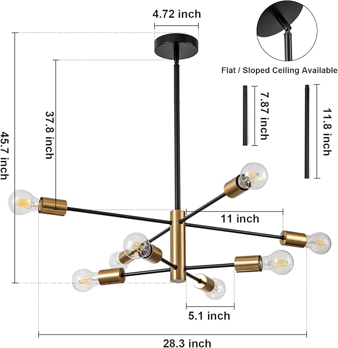 SineRise Modern Sputnik Chandelier Light Fixture, 8-Light Chandelier Ceiling Light Fixture Black and Gold Mid Century Chandelier Height Adjustable for Kitchen, Living Room, Bedroom, Hallway and Foyer