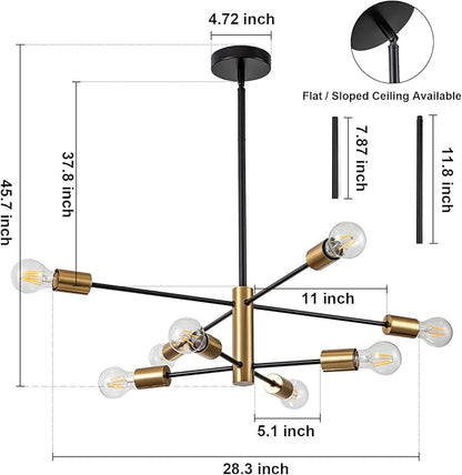 SineRise Modern Sputnik Chandelier Light Fixture, 8-Light Chandelier Ceiling Light Fixture Black and Gold Mid Century Chandelier Height Adjustable for Kitchen, Living Room, Bedroom, Hallway and Foyer