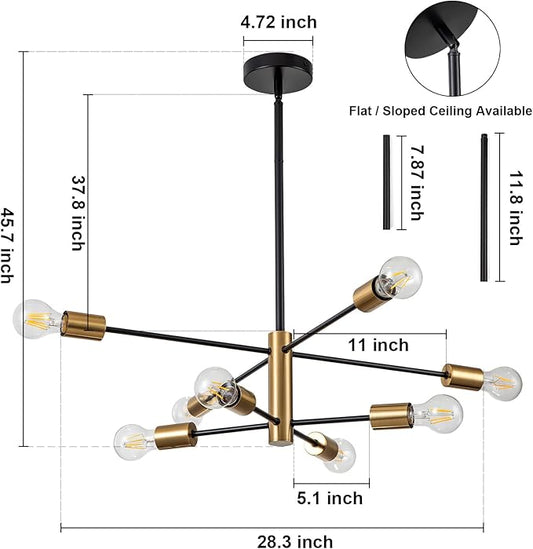 SineRise Modern Sputnik Chandelier Light Fixture, 8-Light Chandelier Ceiling Light Fixture Black and Gold Mid Century Chandelier Height Adjustable for Kitchen, Living Room, Bedroom, Hallway and Foyer