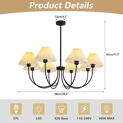 KCO Lighting Large White Pleated Chandelier 8 Light Black Chandelier Light Fixture Mid Century Modern Kitchen Light Nordic Vintage Pleated Pendant Lamp Industrial Dining Room Chandelier
