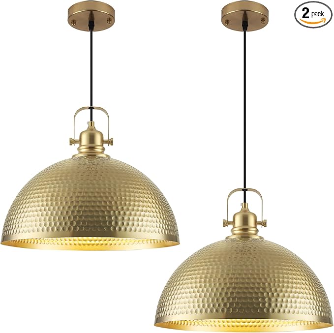 Gold Pendant Light 16 inch, Hammered Large Dome Pendant Light, Industrial Farmhouse Pendant Lights Kitchen Island, Gold Kitchen Pendant Lights for Kitchen, Dining Room Living Room 2 Pack