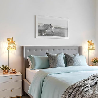 Boho Plug in Wall Sconce Set of 2, Gold Plug Sconces Set of 2, Rattan Sconce Light Fixture with 5.9FT On/Off Switch Cord, Farmhouse Wall Mounted Light for Bedroom Living Room Reading Hallway