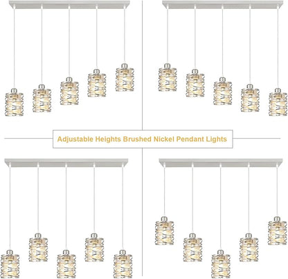 Brushed Nickel Pendant Lights for Kitchen Island, 5-Light Chandelier for Dining Room, Hanging Linear Chandeliers, Modern Dining Room Light Fixtures Pendant Light with Clear Glass Shades