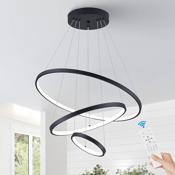 3 Ring Modern LED Chandelier Black Dimmable Round Chandeliers, LED Circular Pendant Light Fixture with Remote Control for Living Room, Dining Room, Office, Entry, Bedroom
