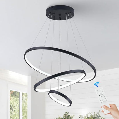 3 Ring Modern LED Chandelier Black Dimmable Round Chandeliers, LED Circular Pendant Light Fixture with Remote Control for Living Room, Dining Room, Office, Entry, Bedroom