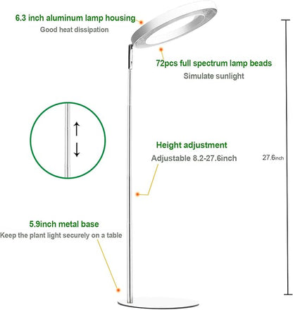 Yadoker 72 LEDs Full Spectrum Plant Grow Light for Indoor Plants，Height Adjustable, 6.3" Aluminum Housing,Automatic Timer with 8/12/16 Hours,10-Level Brightness,White Plant Light,1Pack