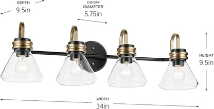 Kichler Farum 34" 4-Light Bathroom Vanity Light Fixture with Clear Glass in Black, Modern Wall Mount Over Mirror for Single or Double Vanity (34" W x 9.5" H), 55156BKCLR