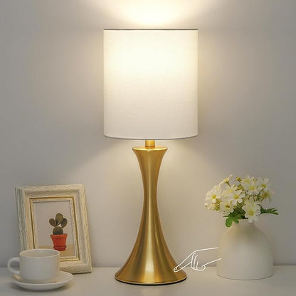 Gold Bedside Lamp Touch Control Table Lamp for Bedroom, 3-Way Dimmable Nightstand Lamp with White Shade, Modern Table Lamp for Living Room, Minimalist Desk Lamp for Dorm, Home, Office, Bulb Included