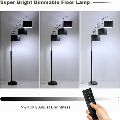 Floor lamp with Remote, 3 Light Arc Floor Lamps for Living Room, 2400LM Tall Standing Floor Lamps with Black Shades, 80" Large Floor Lamp for Bedroom, Office