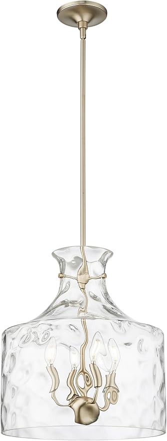 ML Lighting | Santorini Collection | 22604-MG | Indoor 4 Light Metal Pendant in Modern Gold with Water Glass Shade | Kitchens, Dining Rooms, Living Rooms, Entryways, Hallways