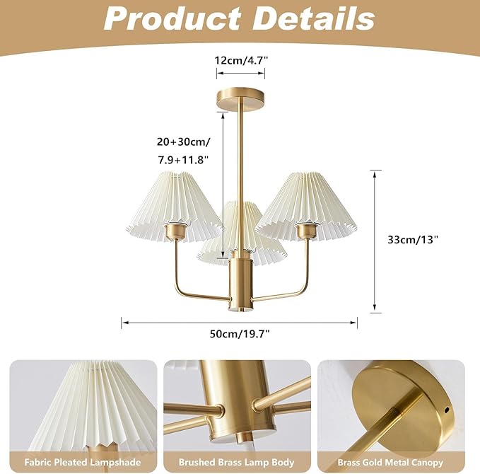 KCO Lighting 3-Lights Pleated Chandelier White Fabric Pendant Light Fixtures Mid Century Modern Gold Sputnik Chandelier Vintage Classic Chandeliers for Dining Room Bedroom