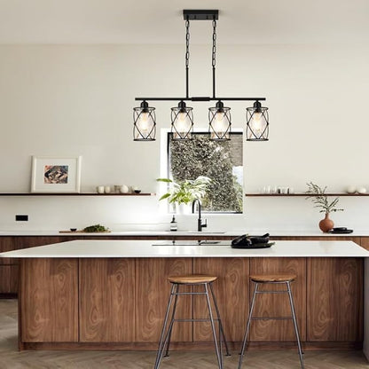 4-Light Kitchen Island Lighting, Modern Black Dining Room Light Fixtures with Clear Glass, Farmhouse Industrial Linear Chandelier Pendant Light with Adjustable Chain, CH9176BK-4IS