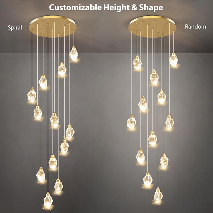 Crystal LED High Ceiling Chandelier: Long Remote Dimmable 12 Gold Pendant Light Fixture - Spiral Drop Flush Mount Sloped Ceilings Modern Chandeliers For Entryway Living Room Foyer Staircase Entrance