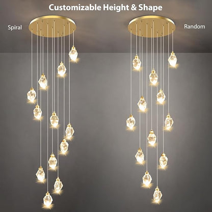 Crystal LED High Ceiling Chandelier: Long Remote Dimmable 12 Gold Pendant Light Fixture - Spiral Drop Flush Mount Sloped Ceilings Modern Chandeliers For Entryway Living Room Foyer Staircase Entrance