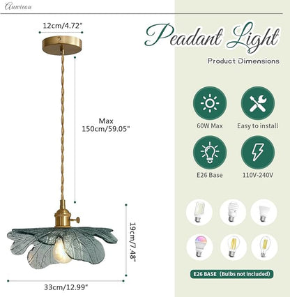 Gold Pendant Light Set of 2, Modern Hanging Ceiling Fixture with Dark Green Hand Blown Flower Glass Shade for Kitchen Island Dining Room Bedroom