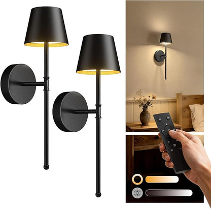UME Wireless Sconces Set of 2 with Remote, 5200mAh Battery Powered Sconces - Small Rechargeable Sconces w/ 3 Color Temps & 5 Brightness Levels for Bedroom, Living Room, Wall Painting, Cafe (Black)