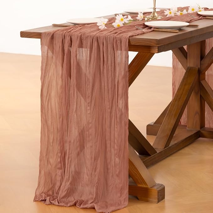 Socomi 3pcs Dusty Rose Summer Cheesecloth Table Runner Boho Rustic Gauze 120 inch 10FT Cheese Cloth Sheer Runner for Wedding Party Baby Shower Birthday Home Decor Holiday Decorations